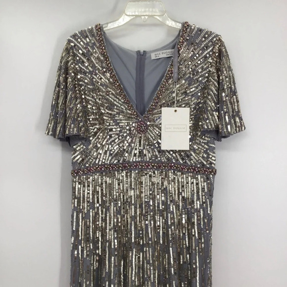 MAC DUGGAL Sequin V-Neck Flutter Sleeve Platinum Column Gown Formal NWT Size 10 - Picture 5 of 15